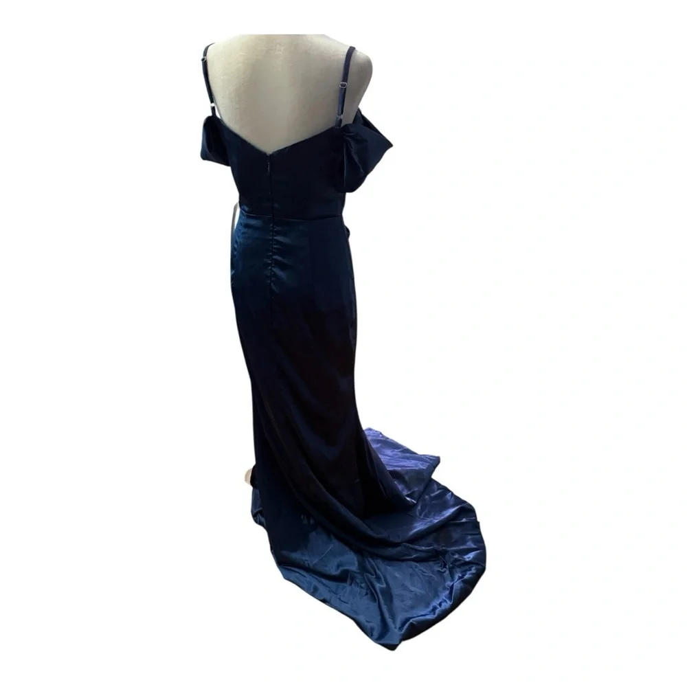 Lavetir Navy Blue Satin Evening Gown NWT Off Shoulder Formal Dress Ball - Picture 7 of 8